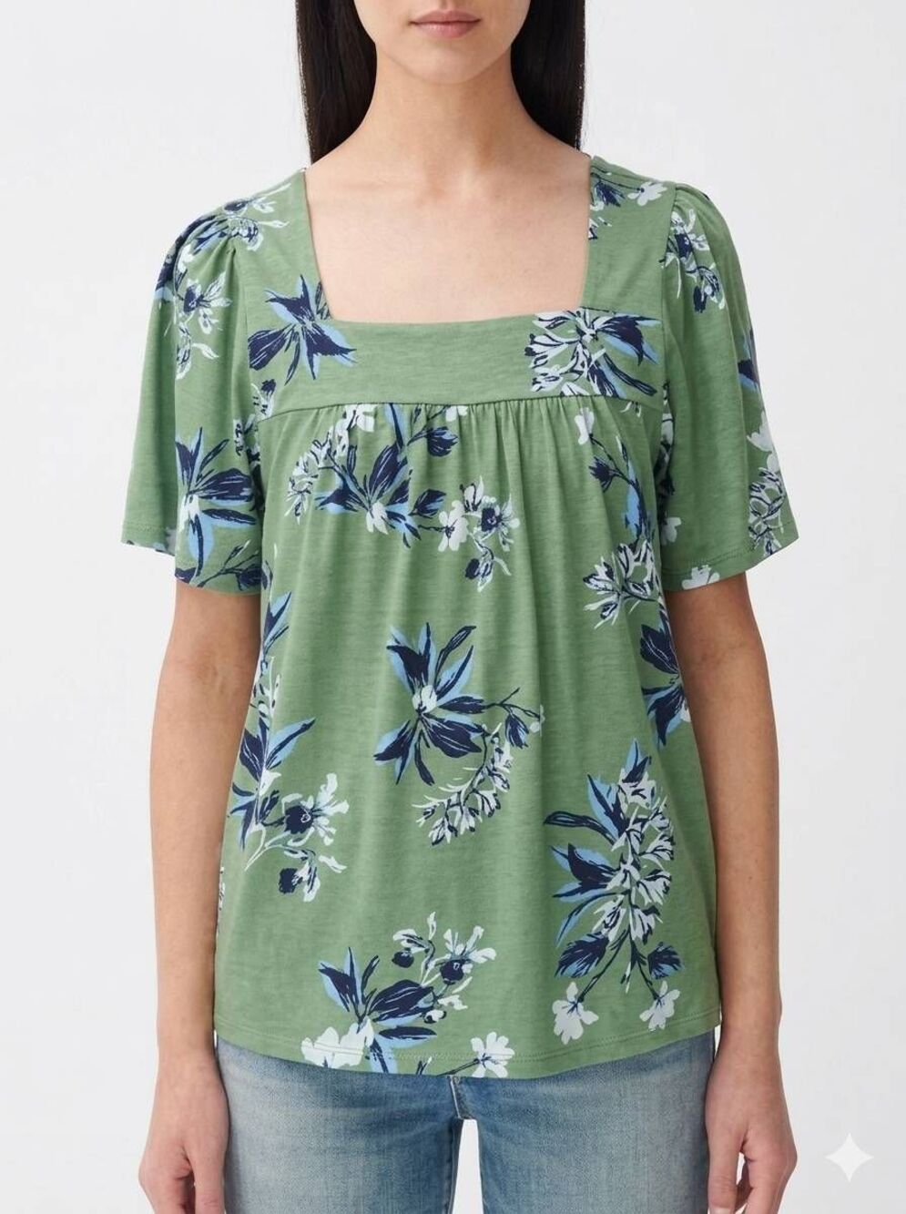 💛Lucky Sage & Blue Floral Square Neck Short Flutter Sleeve Top Large